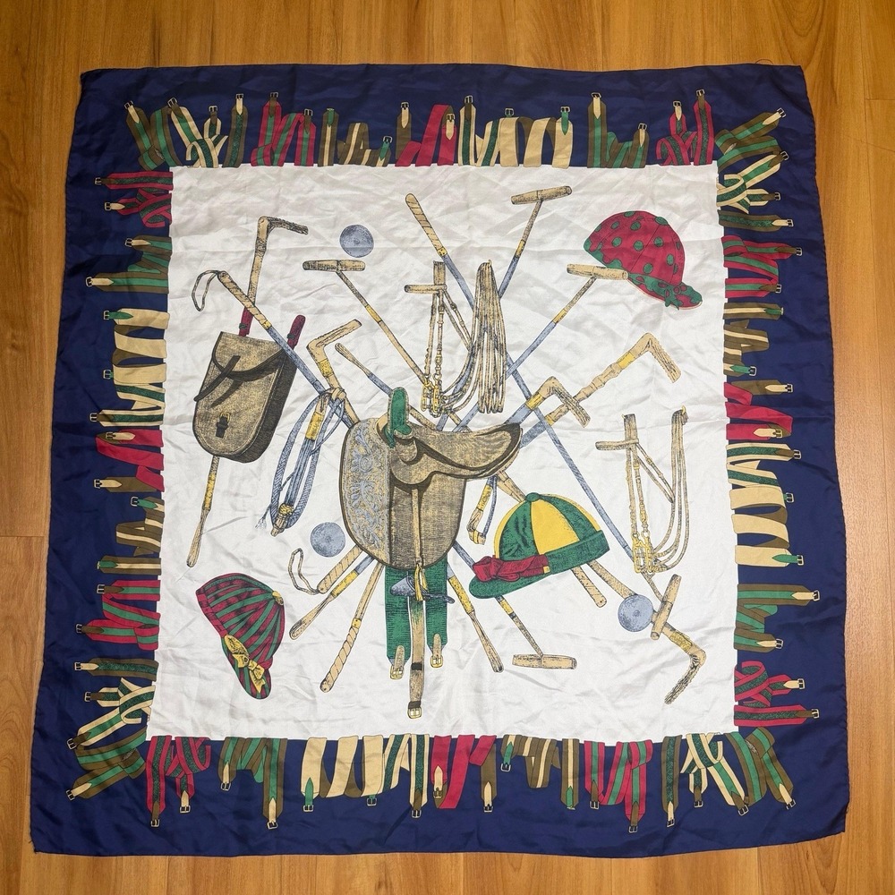 Vintage Pure Silk Equestrian Polo Scarf Navy Blue Made in Italy 34x33.5